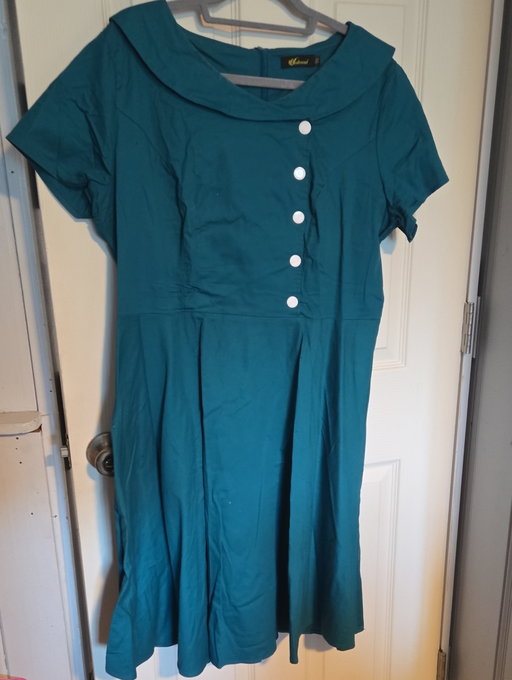 Teal Fit-and-Flare Short Sleeve Dress with Decorative Buttons
